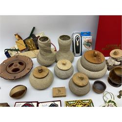 Rope work jars and covers with matching vases, Russian dolls and other carved wood figures, quantity of games to include dominoes, chess pieces, parasol, two wicker baskets, other treen and metalware etc