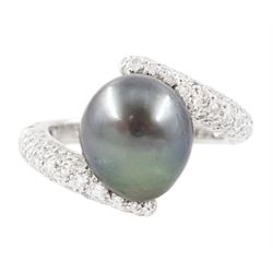 Chanel 18ct white gold pearl and diamond crossover ring, single cultured grey pearl, with pave set round brilliant cut diamond shoulders, hallmarked