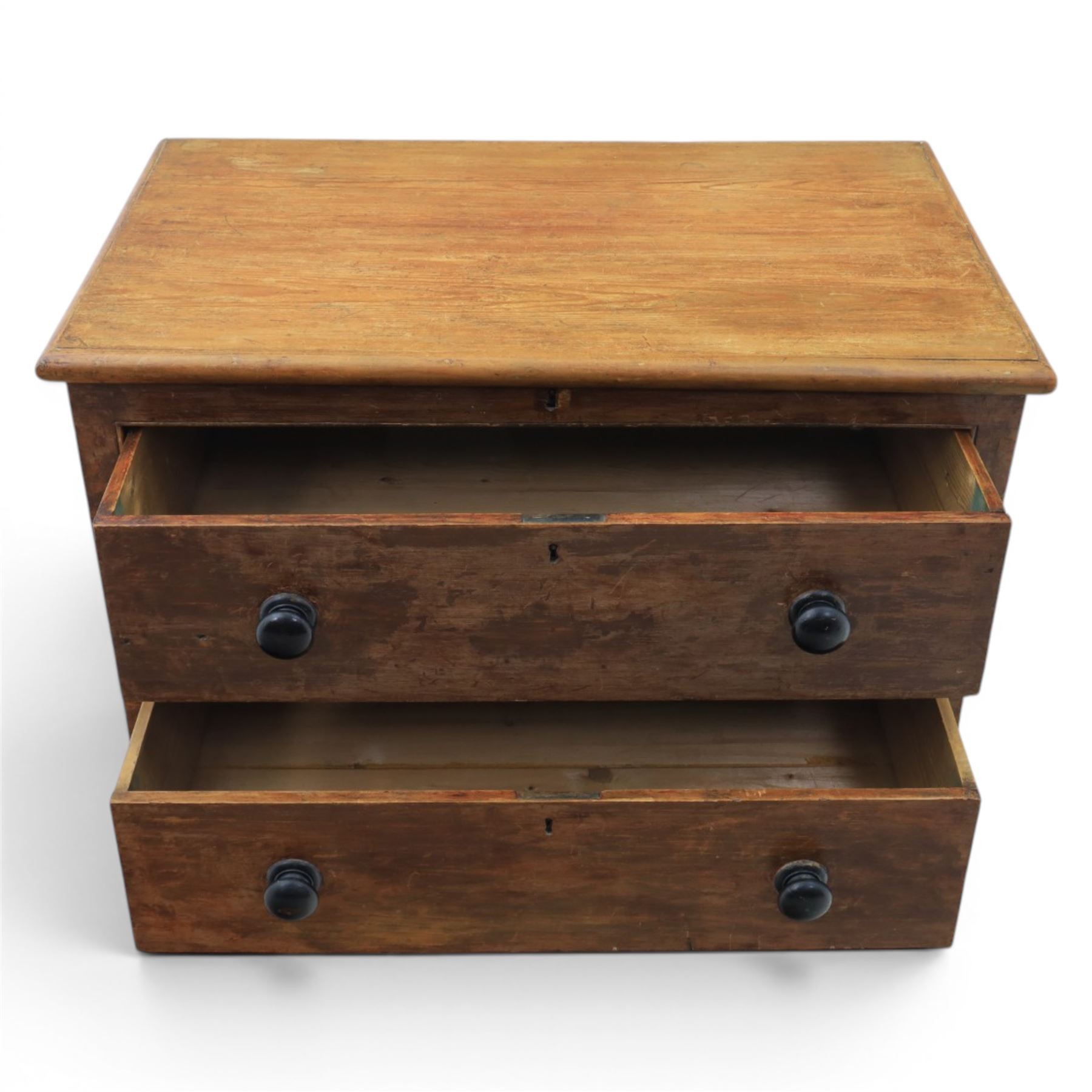 Victorian stained pine converted chest, fitted with two drawers, twin carrying handles, raised on bracket feet