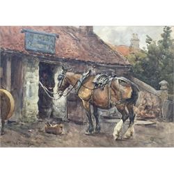 Albert George Stevens (Staithes Group 1863-1925): 'The Smithy' - Hinderwell, watercolour signed 
Provenance: probably exh. Royal Academy 1912, Cat. No. 987. The picture depicts Robert Agar's blacksmith's shop at Hinderwell, now demolished.