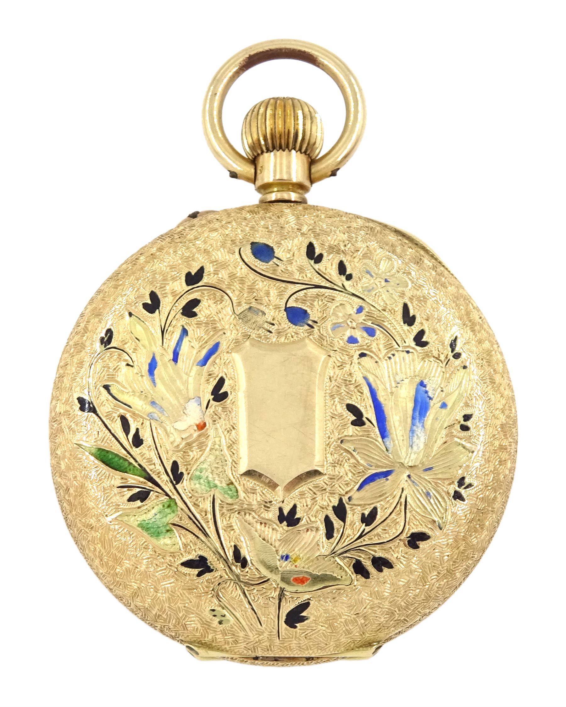 Early 20th century 14ct gold open face, cylinder ladies fob watch, gilt dial with Roman numerals, enamelled case with engraved foliate decoration, stamped 14K