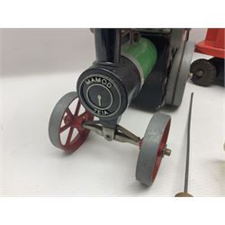 Mamod TE1a steam traction engine with burner, bunker, steering rod and funnel; red and black painted Tri-ang tin-plate Jones KL44 mobile crane; and two Hull Savings Bank Home Safe money boxes; all unboxed (4)
