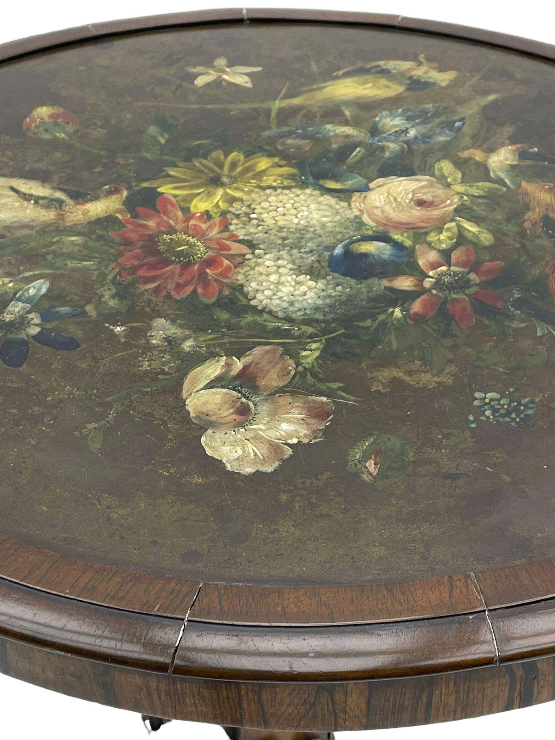 Early Victorian rosewood tripod pedestal table, circular moulded top hand painted with flowers and birds on slate, on tapered hexagonal column with carved acanthus leaf baluster, three splayed supports carved with foliage and scrolling terminals 