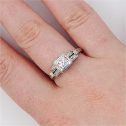Art Deco gold and platinum diamond ring, single square set old cut diamond of approx 0.70 carat, with split design old cut diamond shoulders