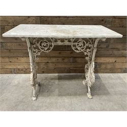 19th century Coalbrookdale design cast iron garden table, with rectangular marble top