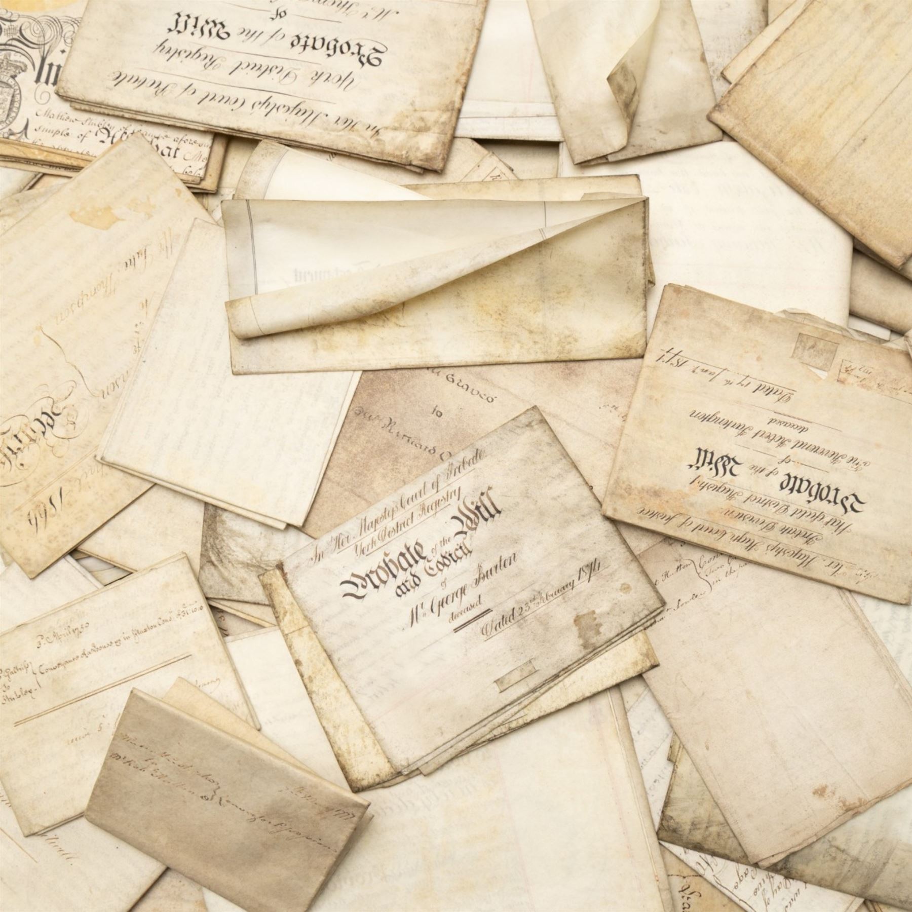 Yorkshire and miscellaneous deed interest - large collection of 18th and 19th century vellum indentures, wills, probate documents and property papers relating to wider Yorkshire towns and villages including Malton, Northallerton, Easingwold, Scarborough, the Humber, Barnsley, Ecclesfield, Great Leavening, Barton in the Willows, Flaxton and other areas, with documents concerning farmers, yeomen, tradesmen and landed families, many retaining wax seals and revenue stamps, together with a small quantity of non-Yorkshire and overseas-interest material including probate of Knobel Louis Benjamin du Gue, formerly of Brindisi, Italy, steam shipping agent, later of St Leonards-on-Sea, Sussex,  in one large box