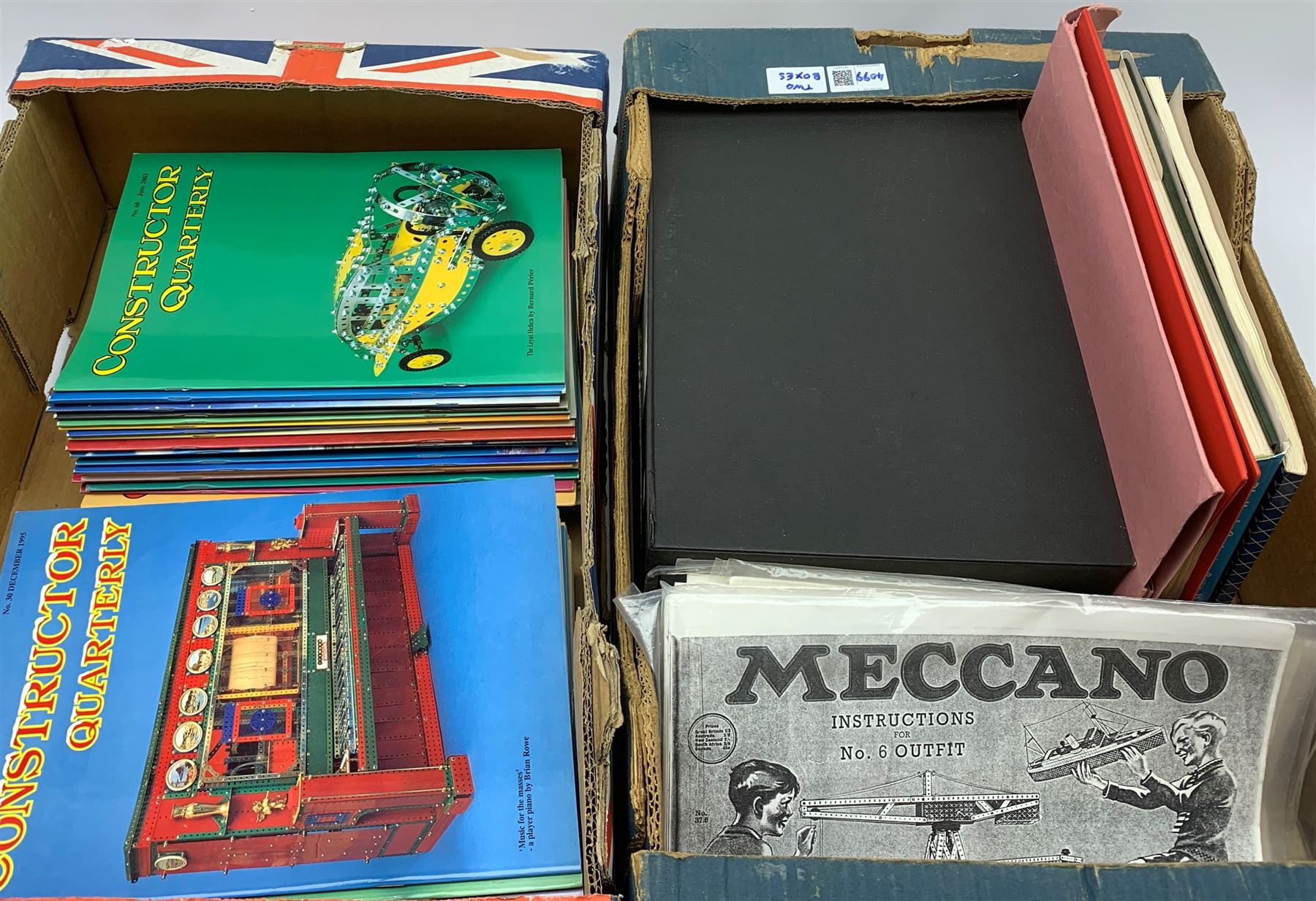 Meccano - Constructor Quarterly magazine, sixty copies, complete run from issue 1 September 1988 to issue 60 June 2003; three books on Meccano; quantity of original and copied Instruction Manuals, Catalogues etc