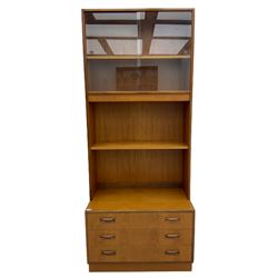 G-Plan teak two sectional modular wall display cabinet, fitted with sliding glass doors, double cupboard and three drawers