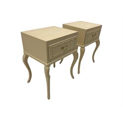 Pair cream and gilt bedside lamp tables, fitted with single drawer