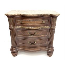 Kevin Charles American walnut serpentine chest with marble top, three graduating drawers, half turned fluted column carving, turned supports 
