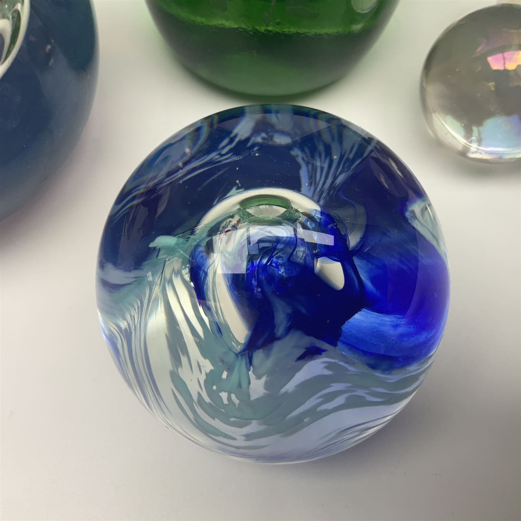 Pair of Victorian green glass dump paperweights with air bubble inclusions, together with Caithness paperweight and three other paperweights, dump H15cm