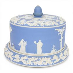 19th century Jasperware cheese dome decorated with classical figures in relief, with borders of oak leaves, with acorn finial, H22cm