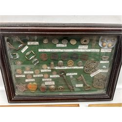 Collection of metal detecting finds and antiquities, housed on five display boards and some loose, to include coins, keys, axe head etc 
