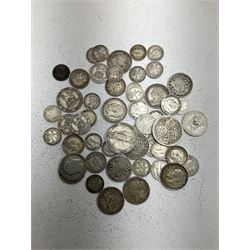 Approximately 165 grams of Great British pre 1920 silver coins, including Queen Victoria 1872 one shilling, 1887 one shilling, King Edward VII 1904 standing Britannia florin, various threepence pieces etc
