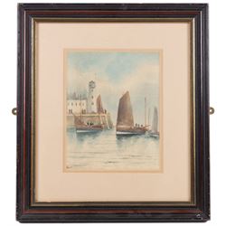 A Smith (British 19th/20th Century): Scarborough Pier Lighthouse, watercolour indistinctly signed 24cm x 19cm; C Marr (British 19th/20th Century): 'Whitby Harbour', two watercolours signed, one titled verso, 20cm x 28cm and 22cm x 29cm (3)