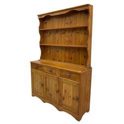 Pine three drawer dresser with plate rack
