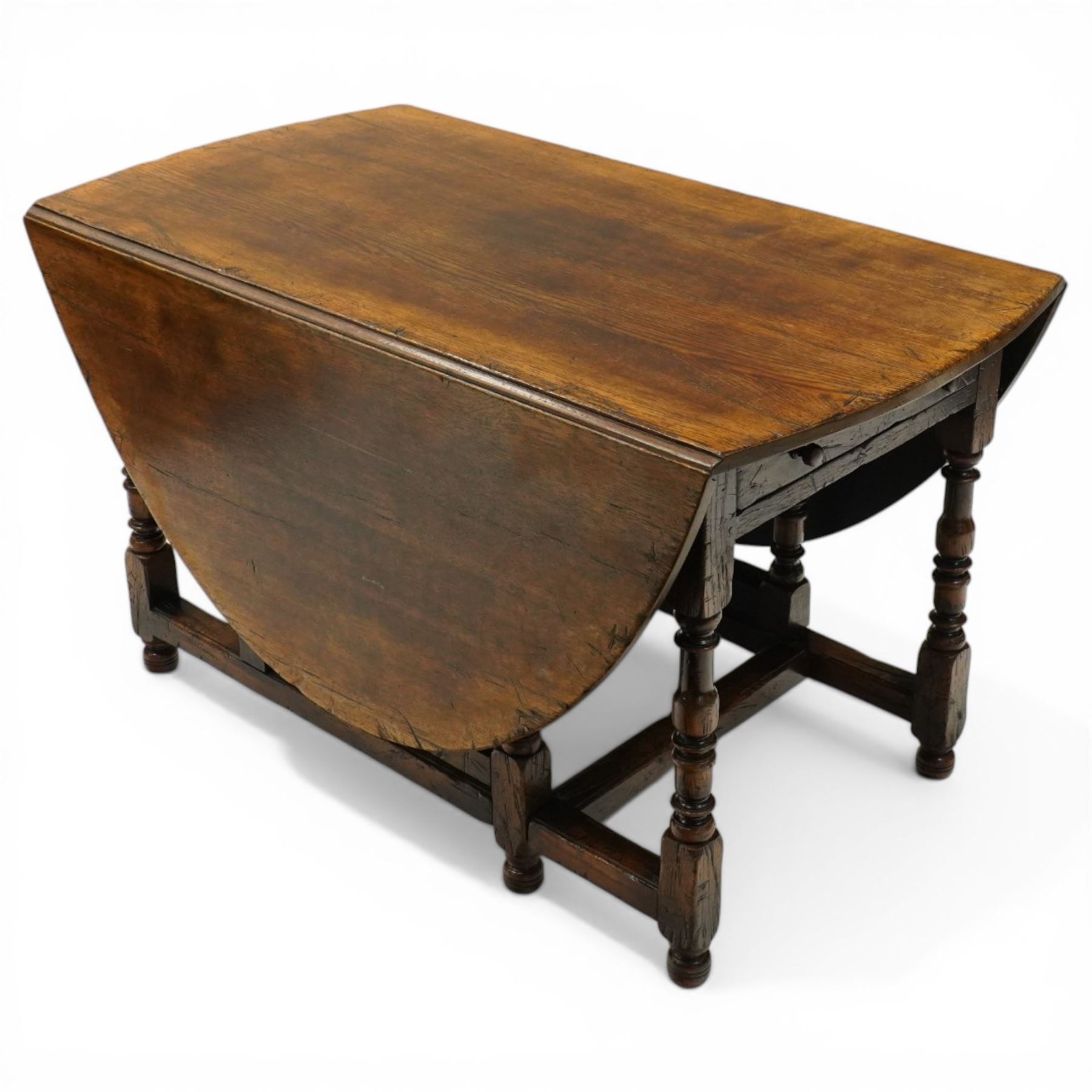Titchmarsh & Goodwin - oak drop leaf table with double drawer, gateleg turned supports united by stretchers