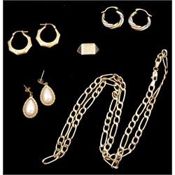 9ct gold jewellery including Figaro link necklace, signet ring, two pairs of hoop earrings and a pair of pendant earrings