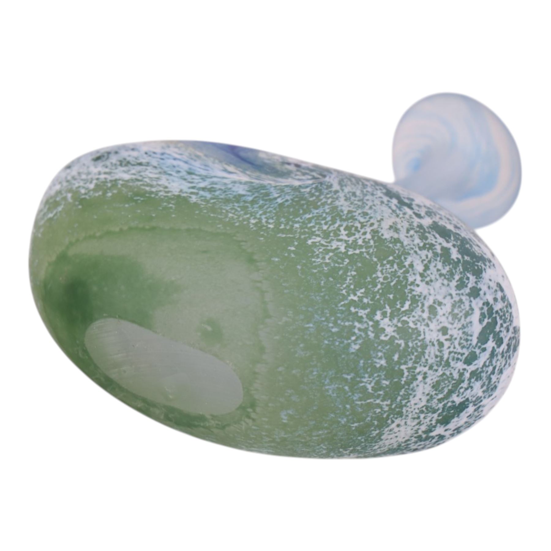 Art glass vases, of squat form with elongated neck, decorated with waves, together with another vase and a glass tray, largest H17cm