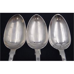 Three Victorian silver Fiddle pattern table spoons, each with engraved initial to terminal, hallmarked James Barber, York 1847