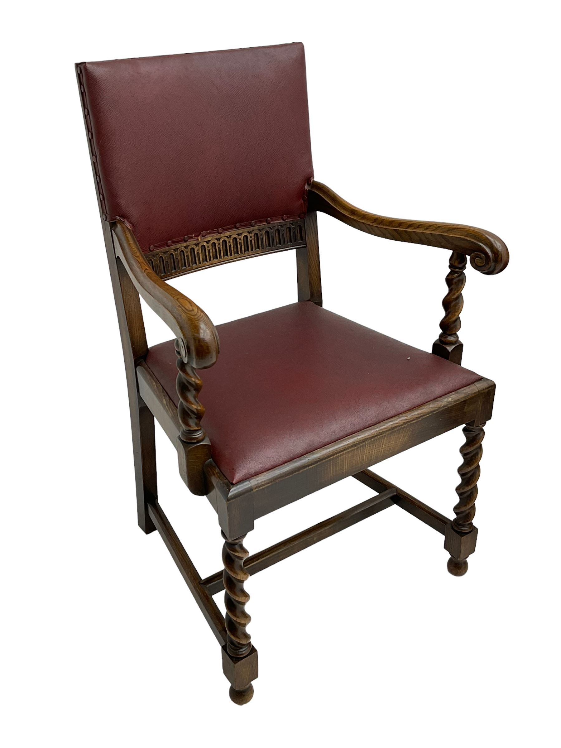 Mid-20th century set seven (6+1) oak barley twist dining chairs, upholstered back and drop in seat, on spiral turned front supports joined by H-shaped stretchers