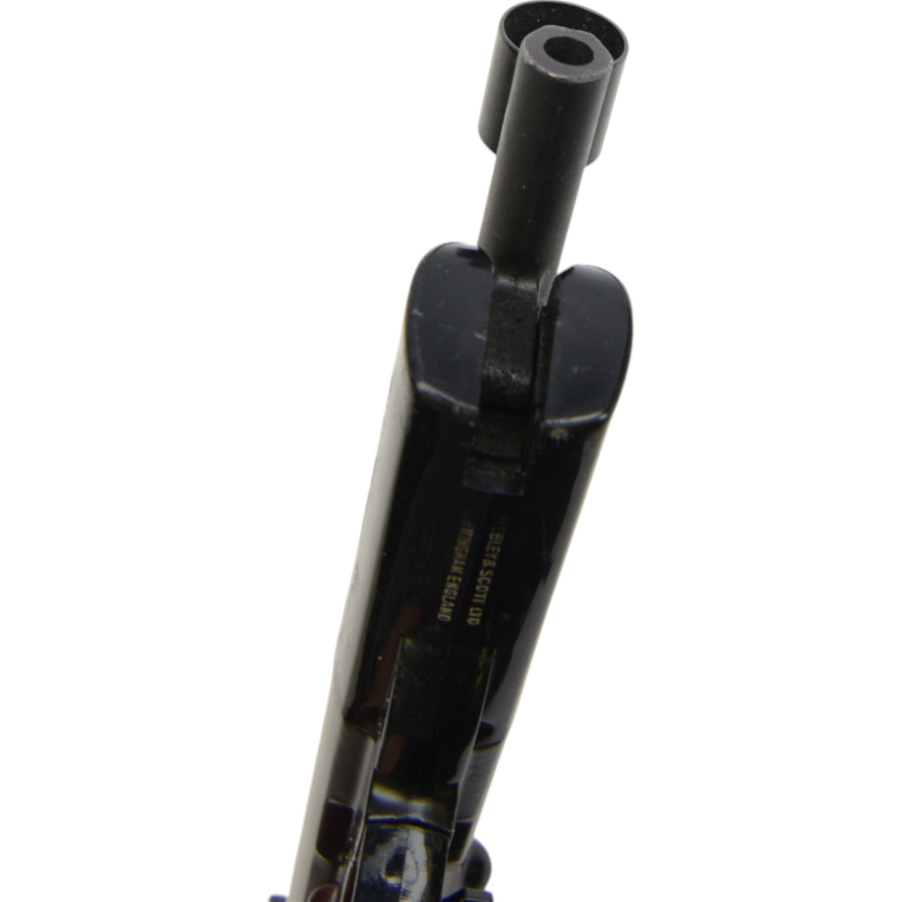Webley Typhoon .22 air pistol, the chamber marked 'Typhoon' and 'Webley & Scott Ltd. Birmingham England' beneath, with front hooded sight and brown checkered grip, H16cm, L28cm