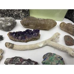 Collection of minerals and coral, including rainbow carborundum, amethyst geode etc  