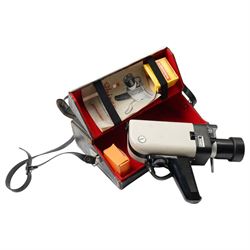 Late 20th-century film equipment, including Rigonda Fiesta 401D portable television set USSR, Chinon Facel II cine film camera in case, A Prinz Magnon ZRS projector in a case and a JVC compact VHS, 3