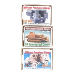 Nine military vehicle model kits, including five 1:76 and 1:87 scale Continental Model Supply Company kits, three 1:76 scale Milicast Premiere Range kits and a Calibre 35 1:35 scale Clark CA-1 Airborne Dozer kit, all boxed