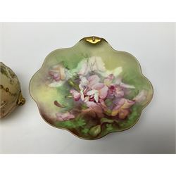 Royal Worcester blush ivory vase and cover, the vase of baluster form on gilt claw feet, shape No.1019, with printed beneath, Together with Limoges dish, vase H16cm