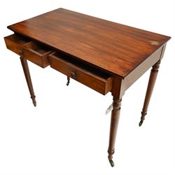 Victorian mahogany side table, rectangular top, two short drawers one compartmented, raised on turned supports with castors