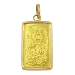 24ct fine gold Suisse 10gm ingot, in 18ct gold mount
