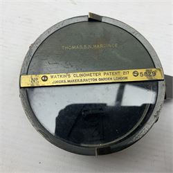 19th century Watkins combined clinometer and compass, patent 217, by J. Hicks Maker 8 Hatton Garden London No.5829, of drum shaped form in lacquered brass case D7cm; both instrument and case bear the name of former owner Thomas S.N. Hardinge; with early 20th century postcard caricature of a serviceman (2)