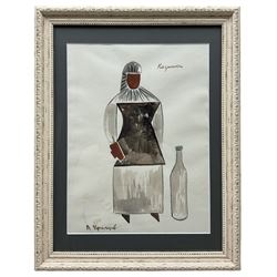 Viktor Ivanovich Ufimtsev (Russian 1899-1964): Figure with Large Bottle, watercolour signed 33cm x 25cm