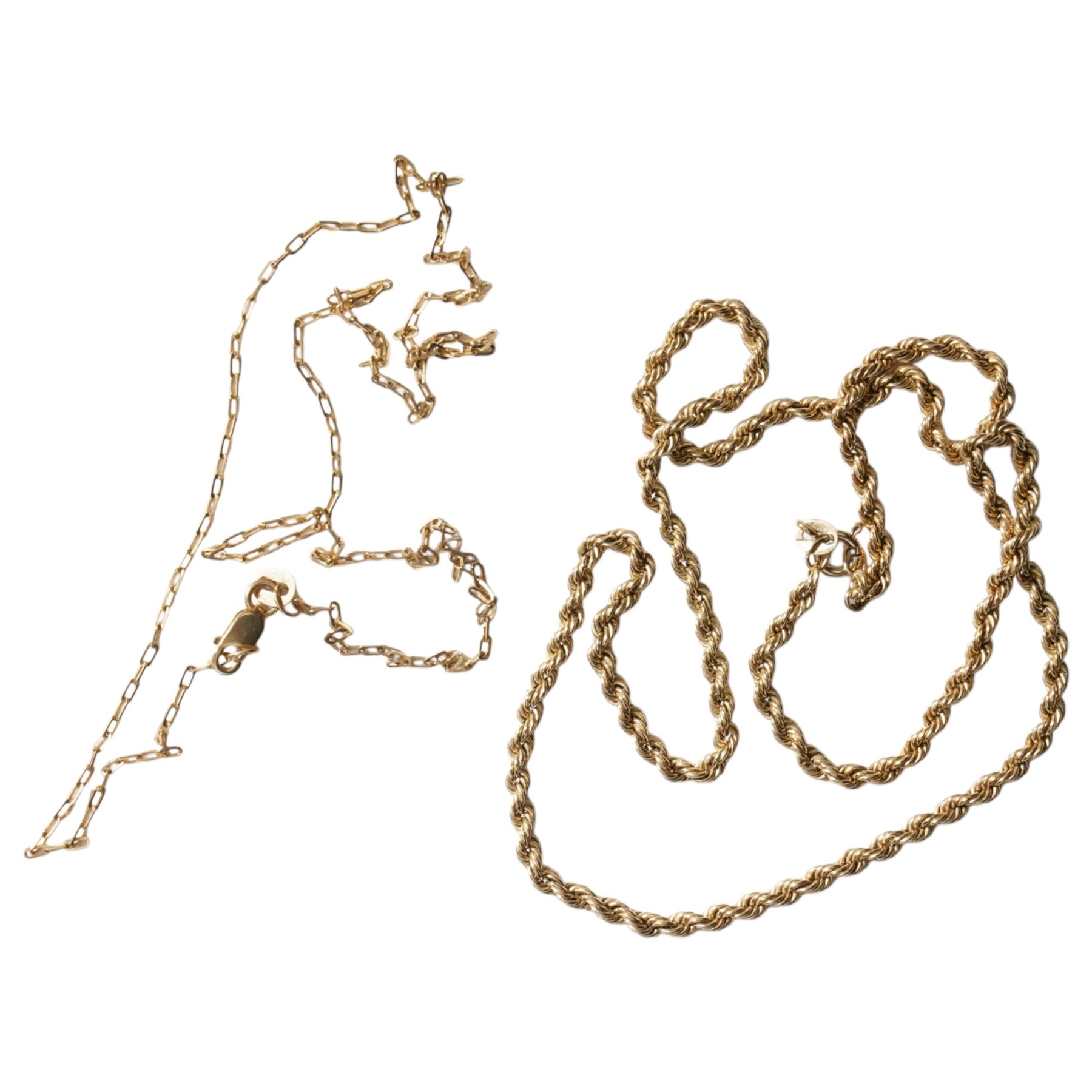 Gold rope twist necklace and one other gold chain, both 9ct