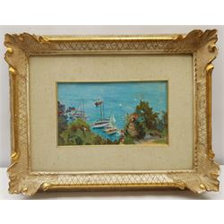 Italian School (Mid 20th century): Yachts on the Coast at Genoa, oil on board indistinctly inscribed and dated 1956 verso 14cm x 24cm
