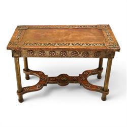 Arts and Crafts copper mounted coffee table, rectangular top with embossed foliate border ...