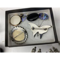Pair of gold plated spectacles, four other pairs and two lacquered spectacle cases, together with set of six EPNS apostle spoons, silver brooch, silver and abalone earrings and brooch and a rolled gold glazed locket