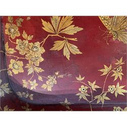 Early 19th century red lacquered papier-mâché tray by Clay of King Street Covent Garden, of rounded rectangular form, painted in gilt with large foliate sprays and butterflies, impressed verso CLAY KING ST COVENT GARDEN, W66.5cm D48.5cm