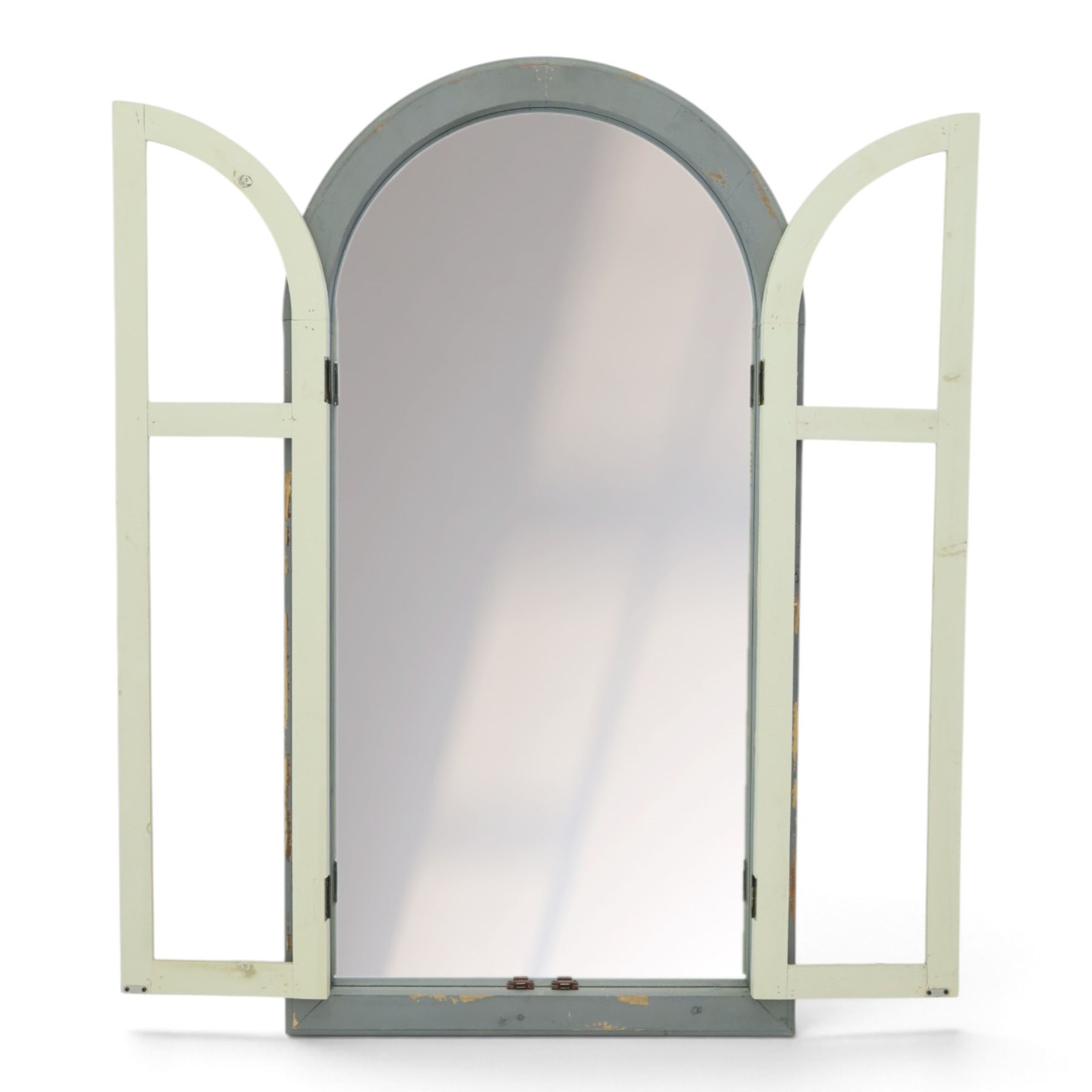 Traditional shutter garden mirror, curved grey frame enclosing a plain mirror plate, with open panel doors