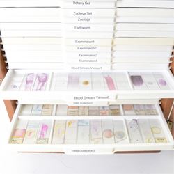 Large collection of prepared microscope slides, including animal and human pathological, physiological and histological specimens and botanical specimens, mostly annotated in ink, with examples including earthworm ovary, pneumonia lung, tip of a human tongue and rabbit cerebellum, contained within two mid 20th century wooden specimen cabinets with glazed doors, each containing twenty-eight plastic slide trays, cabinet H46cm