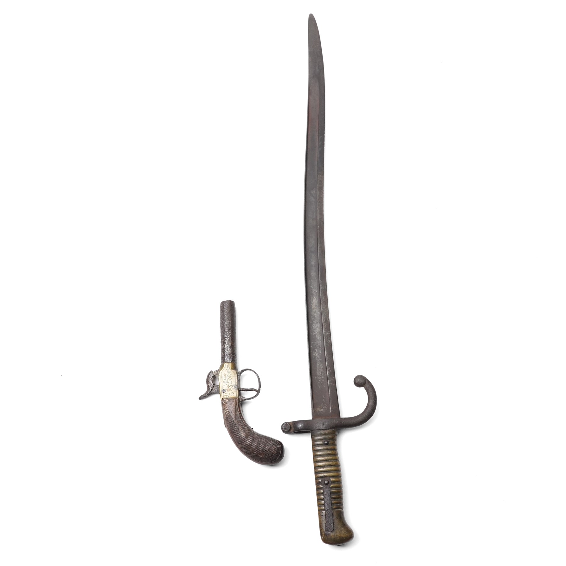 19th century French Chassepot bayonet with 57cm blade, engraved and dated 1868 with brass grip and a percussion pocket pistol 
