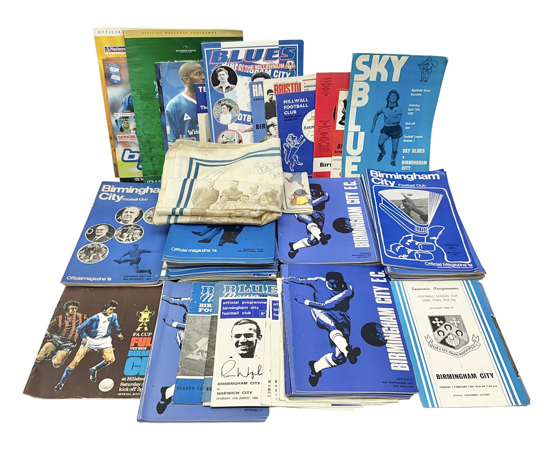 1931 F.A. Cup Final Birmingham City printed silk handkerchief, quantity of Birmingham City football programmes, and Tufty Club silk handkerchief