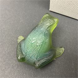 Lalique small green glass frog, signed to base, with original box, H3cm 