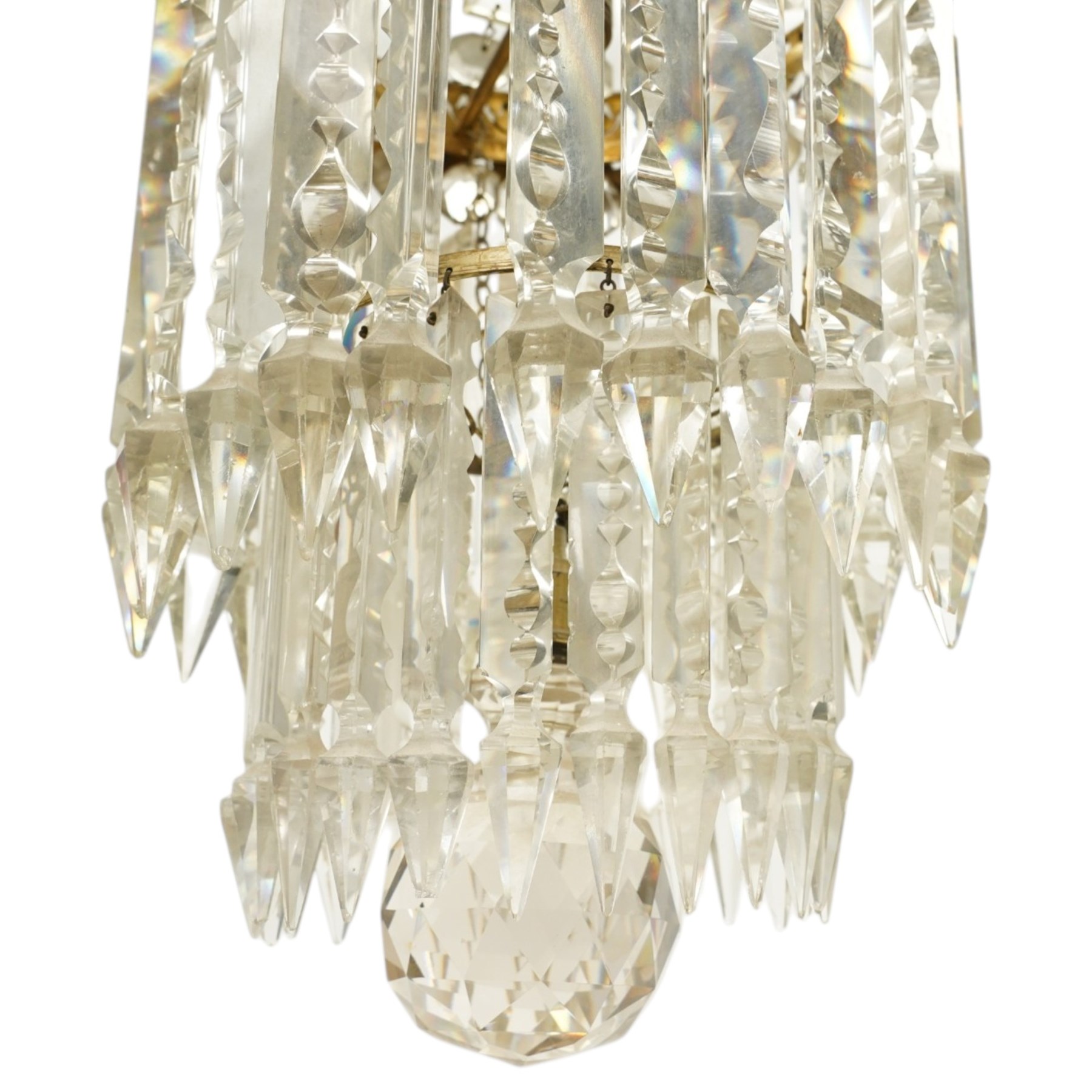 Brass and crystal ceiling light, drop 72cm, together with three small crystal oval wall lights, H28cm (4)