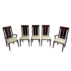 Large American walnut rectangular dining table on square block supports, together with set eight high back dining chairs with cream upholstered seats, the top and chair backs with matching inlaid geometric banding