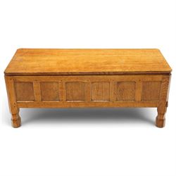 Mouseman - 1950s adzed oak blanket chest of unusual proportions, the rectangular hinged to...