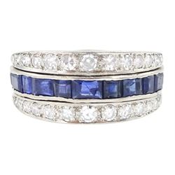 18ct white gold three row calibre cut sapphire and single cut diamond ring, hallmarked, total diamond weight approx 0.65 carat