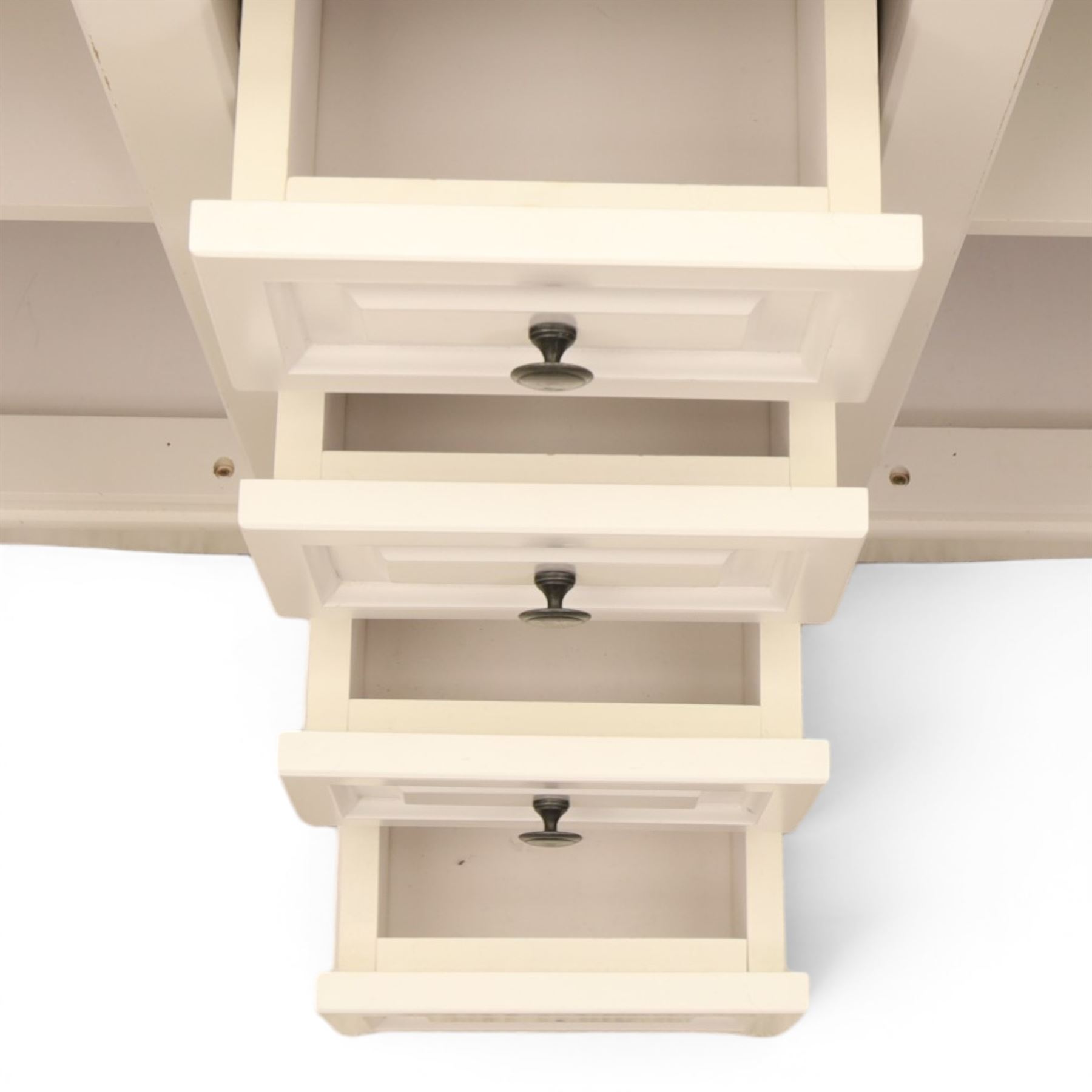 Modern large white painted chest of drawers, central bank of four drawers flanked by two lockable cupboards