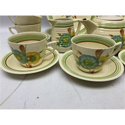 Wilkinson Clarice Cliff honeydew pattern tea service for eight, comprising teapot, milk jug, open sucrier, teacup and saucers, dessert plates and two side plates (29)